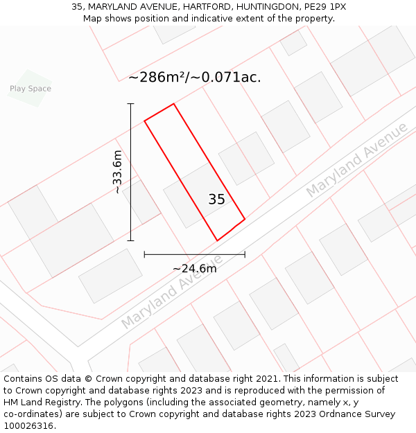 35, MARYLAND AVENUE, HARTFORD, HUNTINGDON, PE29 1PX: Plot and title map