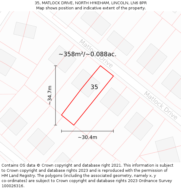 35, MATLOCK DRIVE, NORTH HYKEHAM, LINCOLN, LN6 8PR: Plot and title map