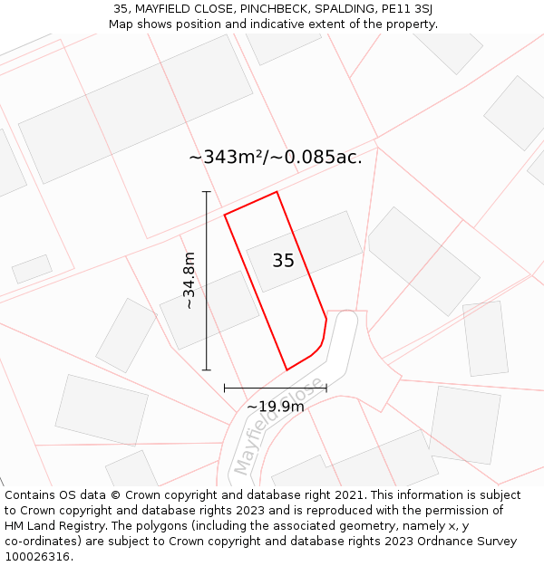 35, MAYFIELD CLOSE, PINCHBECK, SPALDING, PE11 3SJ: Plot and title map