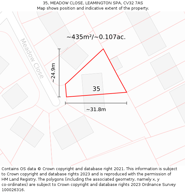 35, MEADOW CLOSE, LEAMINGTON SPA, CV32 7AS: Plot and title map