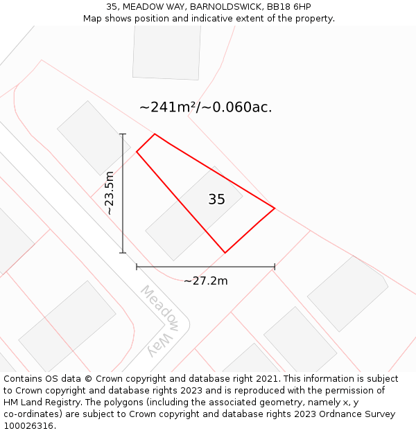 35, MEADOW WAY, BARNOLDSWICK, BB18 6HP: Plot and title map