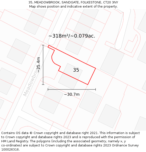 35, MEADOWBROOK, SANDGATE, FOLKESTONE, CT20 3NY: Plot and title map