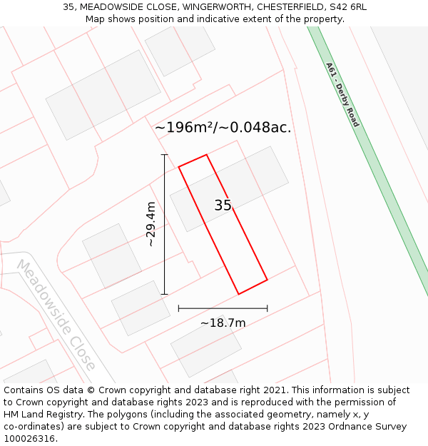 35, MEADOWSIDE CLOSE, WINGERWORTH, CHESTERFIELD, S42 6RL: Plot and title map
