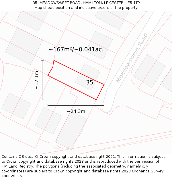 35, MEADOWSWEET ROAD, HAMILTON, LEICESTER, LE5 1TP: Plot and title map