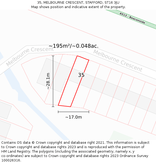 35, MELBOURNE CRESCENT, STAFFORD, ST16 3JU: Plot and title map