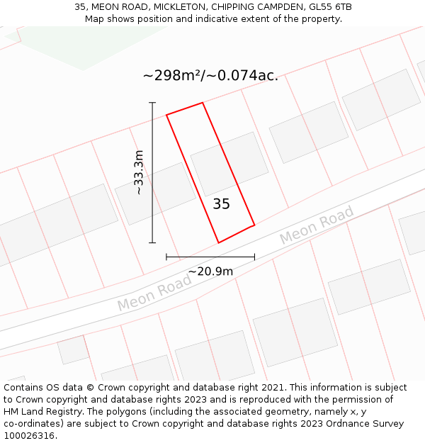 35, MEON ROAD, MICKLETON, CHIPPING CAMPDEN, GL55 6TB: Plot and title map