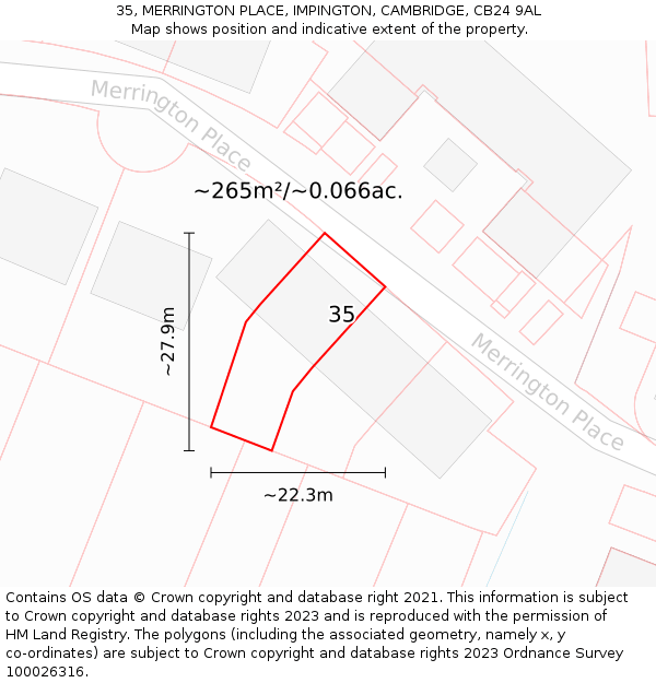 35, MERRINGTON PLACE, IMPINGTON, CAMBRIDGE, CB24 9AL: Plot and title map