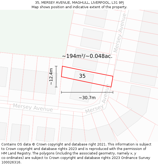35, MERSEY AVENUE, MAGHULL, LIVERPOOL, L31 9PJ: Plot and title map