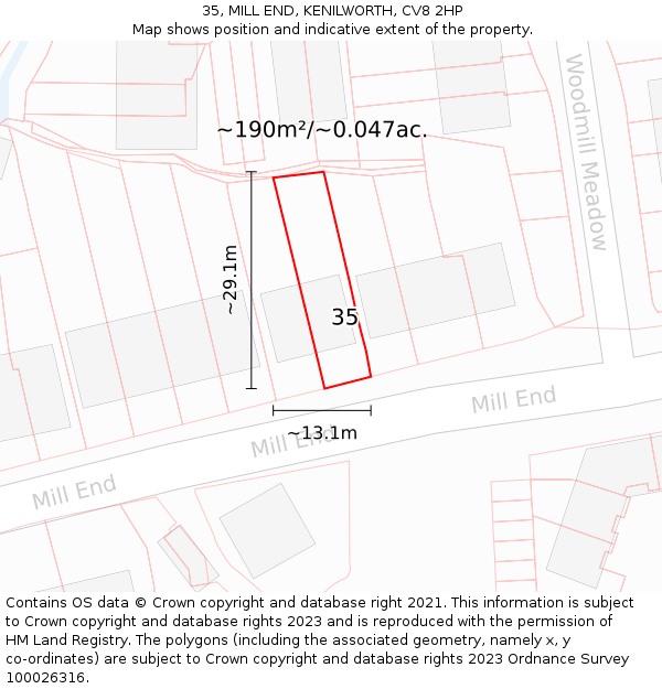 35, MILL END, KENILWORTH, CV8 2HP: Plot and title map