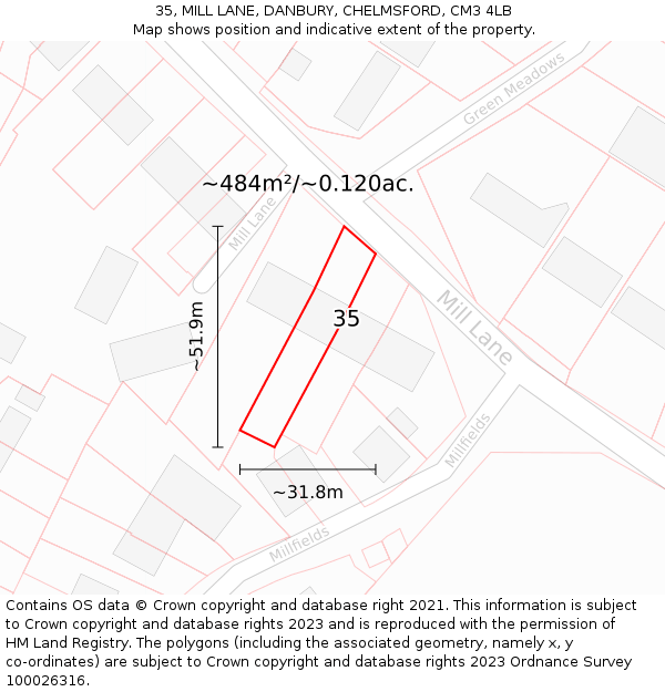 35, MILL LANE, DANBURY, CHELMSFORD, CM3 4LB: Plot and title map