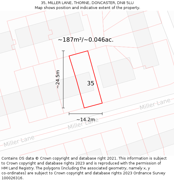 35, MILLER LANE, THORNE, DONCASTER, DN8 5LU: Plot and title map