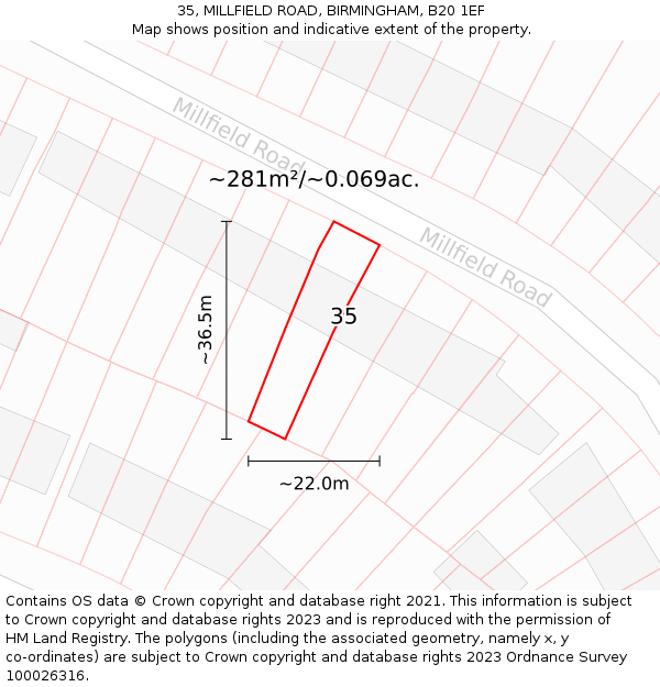 35, MILLFIELD ROAD, BIRMINGHAM, B20 1EF: Plot and title map