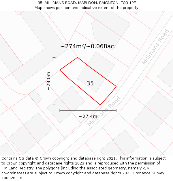 35, MILLMANS ROAD, MARLDON, PAIGNTON, TQ3 1PE: Plot and title map