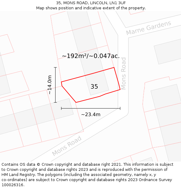 35, MONS ROAD, LINCOLN, LN1 3UF: Plot and title map