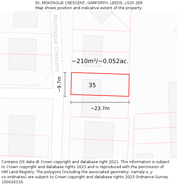 35, MONTAGUE CRESCENT, GARFORTH, LEEDS, LS25 2ER: Plot and title map