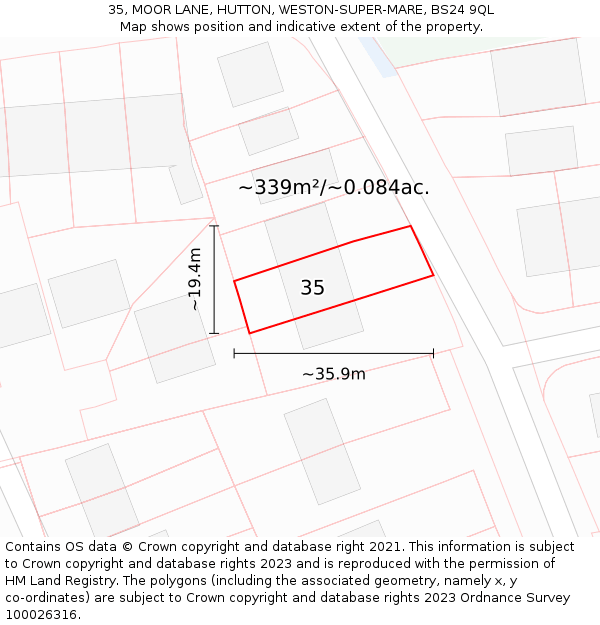 35, MOOR LANE, HUTTON, WESTON-SUPER-MARE, BS24 9QL: Plot and title map