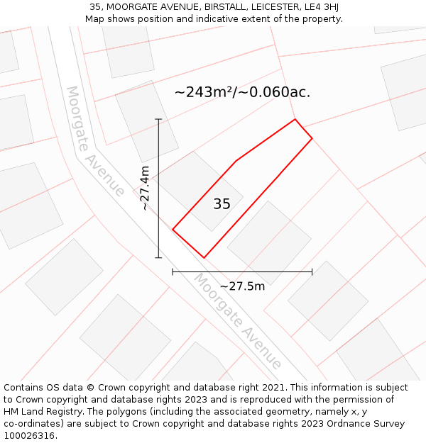 35, MOORGATE AVENUE, BIRSTALL, LEICESTER, LE4 3HJ: Plot and title map