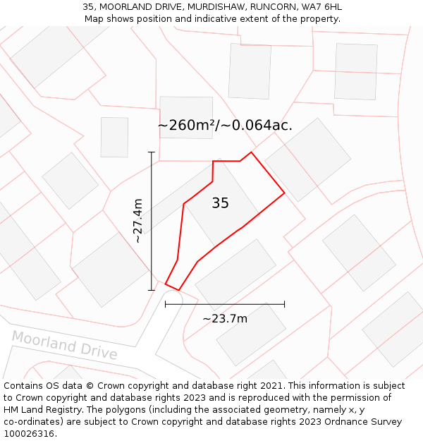 35, MOORLAND DRIVE, MURDISHAW, RUNCORN, WA7 6HL: Plot and title map