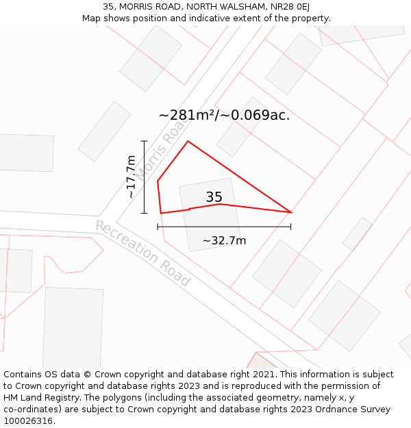 35, MORRIS ROAD, NORTH WALSHAM, NR28 0EJ: Plot and title map