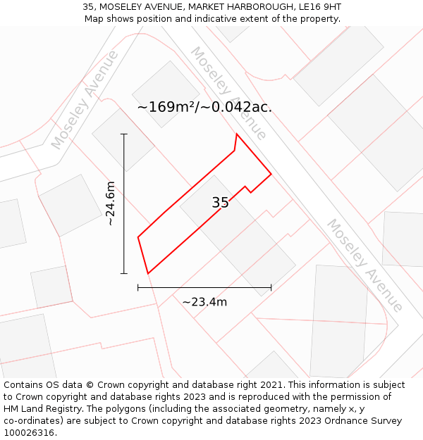 35, MOSELEY AVENUE, MARKET HARBOROUGH, LE16 9HT: Plot and title map