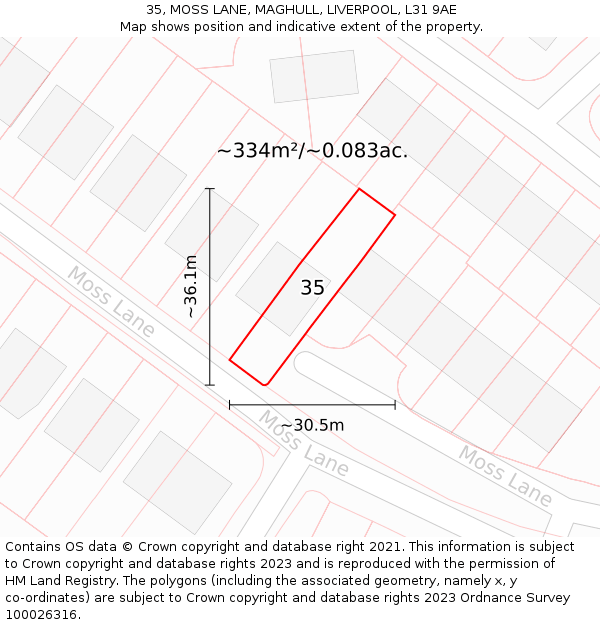 35, MOSS LANE, MAGHULL, LIVERPOOL, L31 9AE: Plot and title map