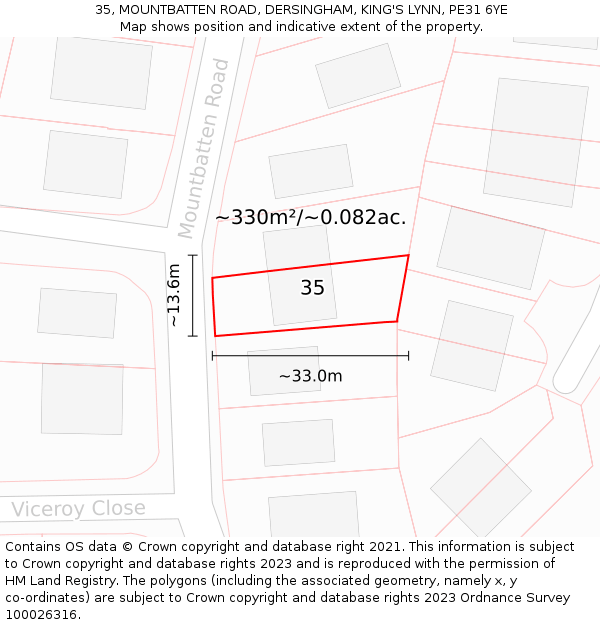 35, MOUNTBATTEN ROAD, DERSINGHAM, KING'S LYNN, PE31 6YE: Plot and title map