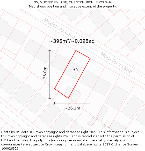 35, MUDEFORD LANE, CHRISTCHURCH, BH23 3HN: Plot and title map