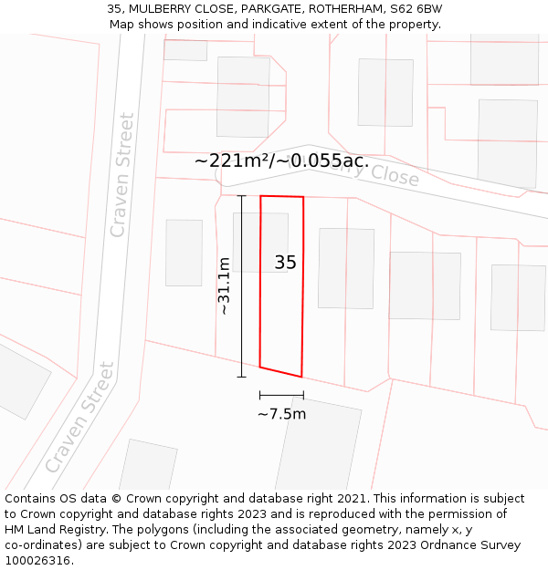 35, MULBERRY CLOSE, PARKGATE, ROTHERHAM, S62 6BW: Plot and title map