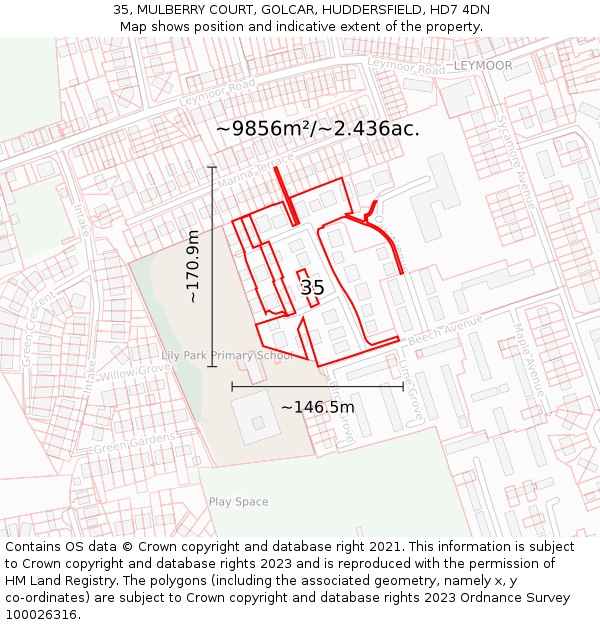 35, MULBERRY COURT, GOLCAR, HUDDERSFIELD, HD7 4DN: Plot and title map