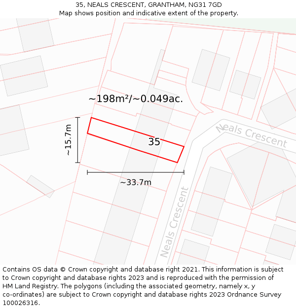 35, NEALS CRESCENT, GRANTHAM, NG31 7GD: Plot and title map
