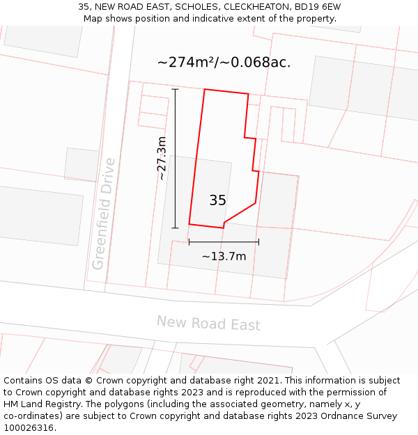 35, NEW ROAD EAST, SCHOLES, CLECKHEATON, BD19 6EW: Plot and title map