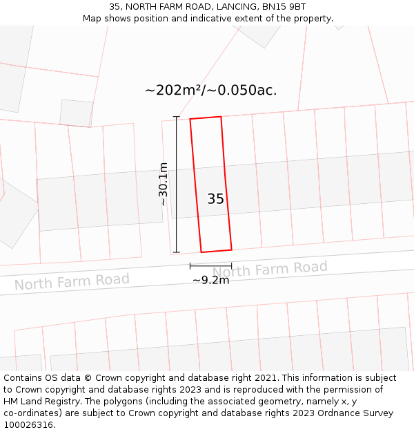 35, NORTH FARM ROAD, LANCING, BN15 9BT: Plot and title map