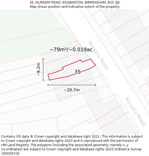 35, NURSERY ROAD, EDGBASTON, BIRMINGHAM, B15 3JX: Plot and title map