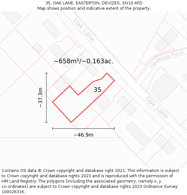 35, OAK LANE, EASTERTON, DEVIZES, SN10 4PD: Plot and title map