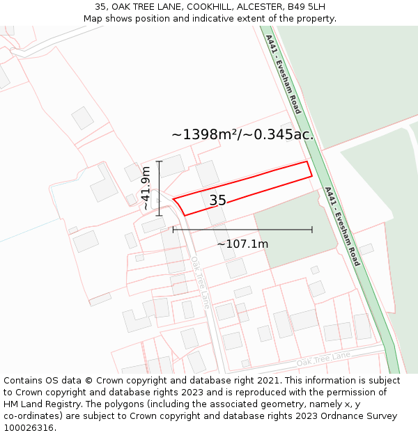35, OAK TREE LANE, COOKHILL, ALCESTER, B49 5LH: Plot and title map