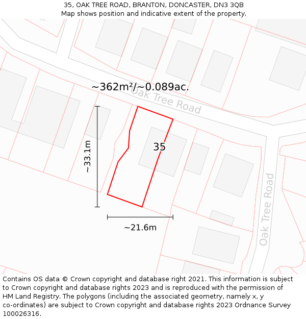 35, OAK TREE ROAD, BRANTON, DONCASTER, DN3 3QB: Plot and title map