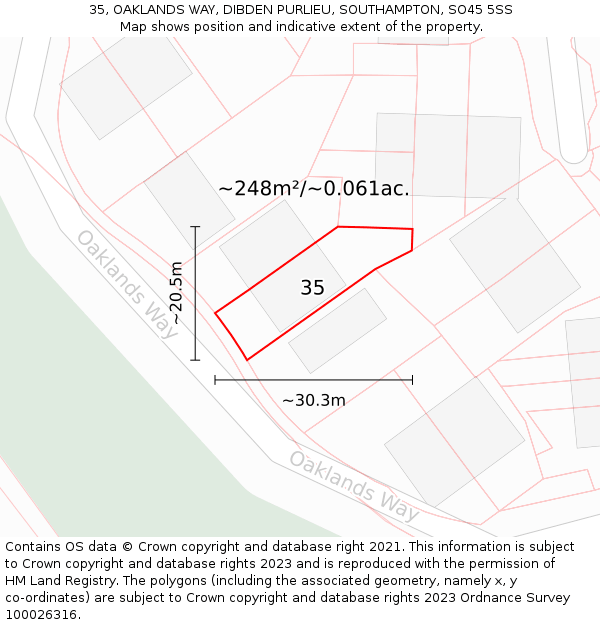 35, OAKLANDS WAY, DIBDEN PURLIEU, SOUTHAMPTON, SO45 5SS: Plot and title map
