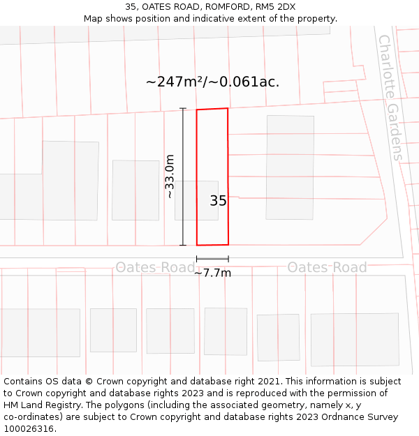 35, OATES ROAD, ROMFORD, RM5 2DX: Plot and title map