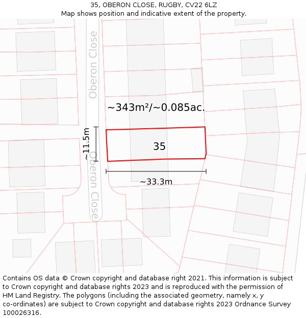 35, OBERON CLOSE, RUGBY, CV22 6LZ: Plot and title map