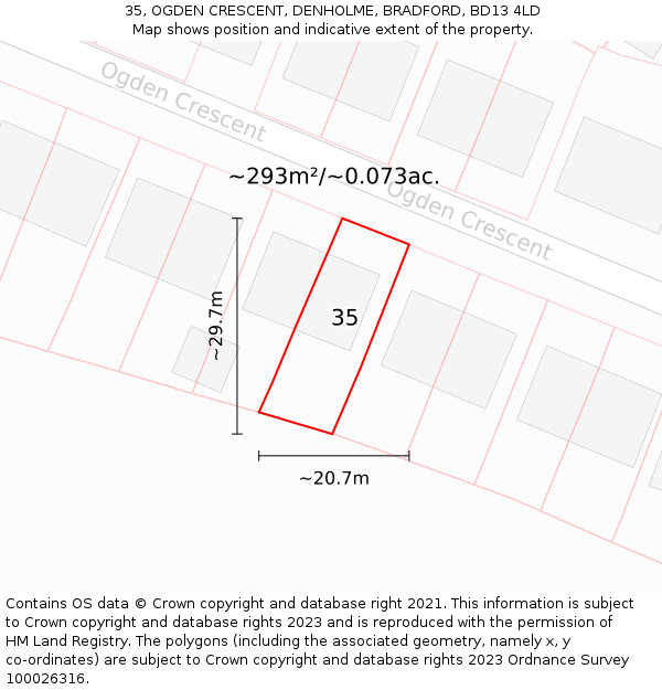 35, OGDEN CRESCENT, DENHOLME, BRADFORD, BD13 4LD: Plot and title map
