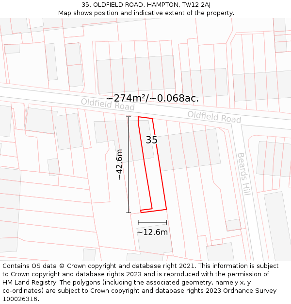 35, OLDFIELD ROAD, HAMPTON, TW12 2AJ: Plot and title map