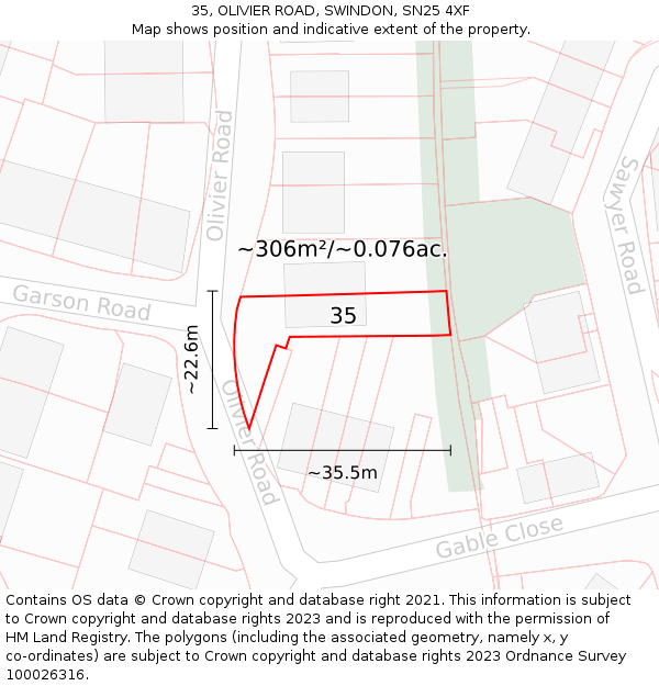 35, OLIVIER ROAD, SWINDON, SN25 4XF: Plot and title map