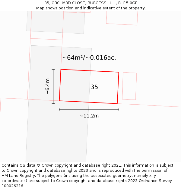 35, ORCHARD CLOSE, BURGESS HILL, RH15 0GF: Plot and title map