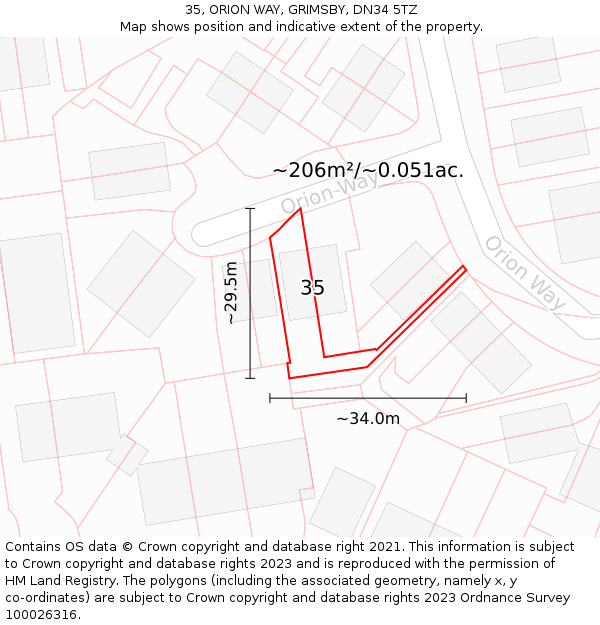 35, ORION WAY, GRIMSBY, DN34 5TZ: Plot and title map
