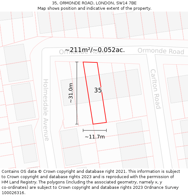 35, ORMONDE ROAD, LONDON, SW14 7BE: Plot and title map