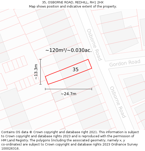 35, OSBORNE ROAD, REDHILL, RH1 2HX: Plot and title map