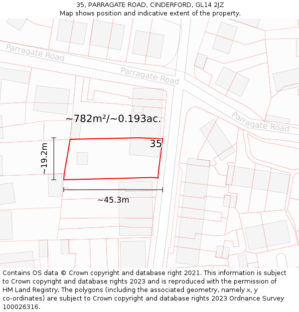 35, PARRAGATE ROAD, CINDERFORD, GL14 2JZ: Plot and title map
