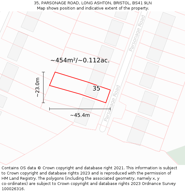35, PARSONAGE ROAD, LONG ASHTON, BRISTOL, BS41 9LN: Plot and title map