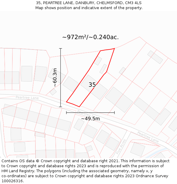 35, PEARTREE LANE, DANBURY, CHELMSFORD, CM3 4LS: Plot and title map
