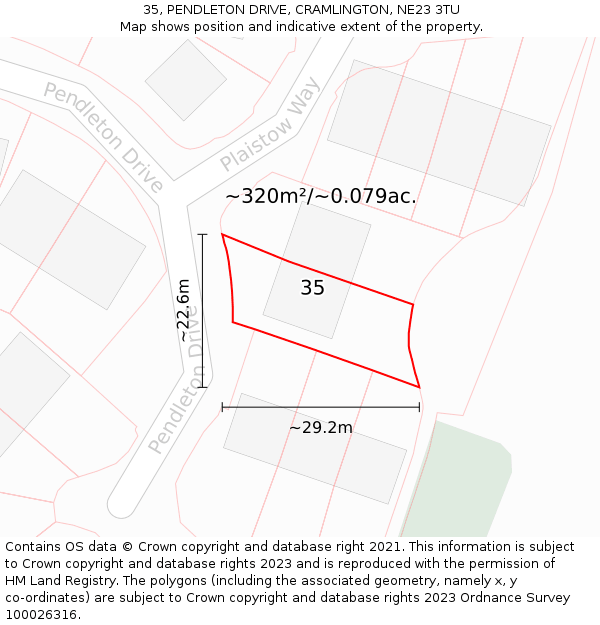 35, PENDLETON DRIVE, CRAMLINGTON, NE23 3TU: Plot and title map